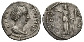Diva Faustina I AR Denarius. (17mm, 3.2 g) Rome, AD 141-146. DIVA FAVSTINA, draped bust right / AVGVSTA, Ceres, veiled, standing left, holding corn ea...