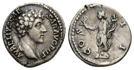 Marcus Aurelius, as Caesar (AD 161-180). AR denarius (18mm, 3.3 g). Rome, ca. AD 145-147. AVRELIVS CAES-AR AVG PII F, bare head of Marcus Aurelius rig...