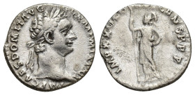 Domitian AD 81-96. Rome Denarius AR (17mm, 3 g). IMP CAES DOMIT AVG GERM P M TR P [XII?], laureate head of Domitian right / IMP XX[II? COS XVI? C]ENS ...