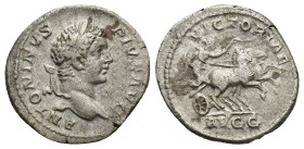 Caracalla, 198-217 AD. AR, Denarius. (18mm, 3.3 g) Rome. Obv: ANTONINVS PIVS AVG. Laureate head of Caracalla, right. Rev: VICTORIAE / AVGG. Victory dr...