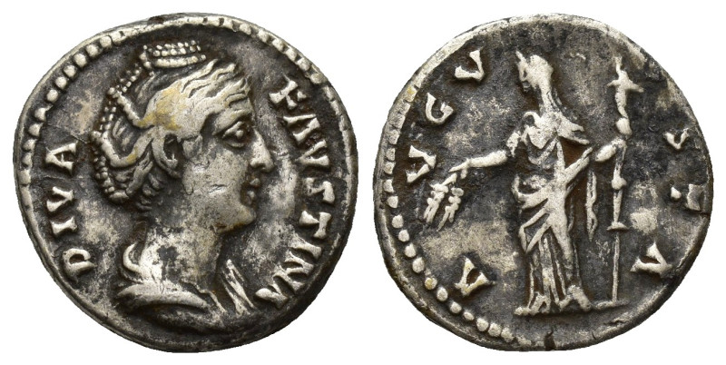 Diva Faustina I AR Denarius. (17mm, 3.3 g) Rome, AD 141-146. DIVA FAVSTINA, drap...