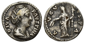 Diva Faustina I AR Denarius. (17mm, 3.3 g) Rome, AD 141-146. DIVA FAVSTINA, draped bust right / AVGVSTA, Ceres, veiled, standing left, holding corn ea...