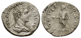 Geta caesar, 198 – 209 Denarius 209, AR 18mm, 3 g). P SEPTIMIVS GETA CAES Bareheaded and draped bust r. Rev. PONTIF COS II Geta standing l., holding g...