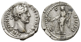 Antoninus Pius AR Denarius. (18mm, 3.4 g) Rome, AD 148-149. ANTONINVS AVG PIVS P P TR P XIII, laureate head right / COS IIII, Fortuna standing facing,...
