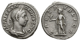 SEVERUS ALEXANDER (222-235). Denarius. (18mm, 2.6 g) Rome. Obv: IMP ALEXANDER PIVS AVG. Laureate, draped and cuirassed bust right. Rev: SPES PVBLICA. ...