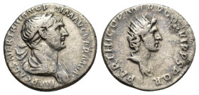 TRAJAN (A.D. 98-117) Denarius, Ag,(16mm, 2.8 g) A.D. 114-117, Rome mint Rome mint Av: IMP CAES NER TRAIAN OPTIM AVG GER DAC, laureate, draped bust of ...