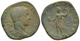 Severus Alexander - Emperor Standing Sestertius (29mm, 22.3 g) 225 AD. Rome mint. Obv: IMP CAES M AVR SEV ALEXANDER AVG legend with laureate and drape...