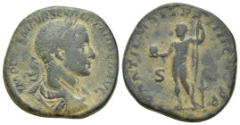 Severus Alexander - Emperor Standing Sestertius (29mm, 18.8 g) 225 AD. Rome mint. Obv: IMP CAES M AVR SEV ALEXANDER AVG legend with laureate and drape...