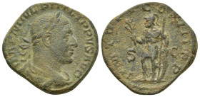 Philip I Æ Sestertius. (27mm, 17.8 g) Rome, AD 248. IMP M IVL PHILIPPVS AVG, laureate, draped and cuirassed bust right / P M TR P V COS III P P, Mars ...