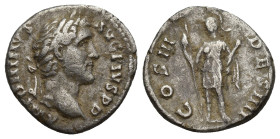 Antoninus Pius; 138-161 AD, Denarius, Rome, 144 AD, (16mm, 3 g).Rx: COS III DES IIII Virtus standing l. holding spear and parazonium.