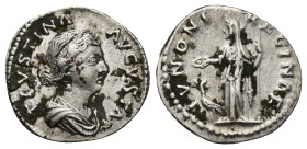 Faustina II (wife of M. Aurelius) AR Denarius. (17mm, 3.2 g) Rome, AD 161-164. FAVSTINA AVGVSTA, draped bust right / IVNONI REGINAE, Juno standing lef...