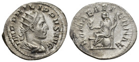 Philip I. A.D. 244-249. AR antoninianus (20mm, 3 g). Rome mint, Struck A.D. 247. IMP PHILIPPVS AVG, radiate, draped, and cuirassed bust right / ROMAE ...