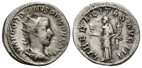 Gordian III AR Antoninianus. (21mm, 4.4 g) Rome, AD 239-240. IMP GORDIANVS PIVS FEL AVG, radiate, draped, and cuirassed bust right / LIBERALITAS AVG I...