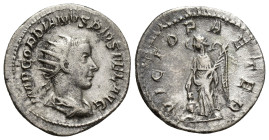 Gordian III AR Antoninianus. (22mm, 3.9 g) Rome, AD 243-244. IMP GORDIANVS PIVS FEL AVG, radiate, draped and cuirassed bust to right / VICTORIA AETERN...