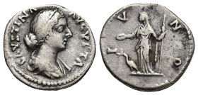 FAUSTINA JUNIOR. Augusta, 147-176 AD. AR Denarius (18mm, 3.4 g). Struck 161-164 AD. FAUSTINA AVGVSTA, draped bust right / IVNO, Juno standing facing, ...