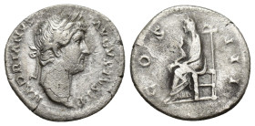 HADRIAN. 117-138 AD. AR Denarius (17.8mm, 3 g). Struck 124-128 AD. HADRIANVS AVGVSTVS, laureate bust right, slight drapery on far shoulder / COS III, ...