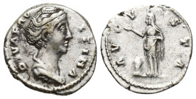 Diva Faustina I (died 141) AR Denarius, (18mm, 2.8 g) Rome. DIVA FAVSTINA - Bust draped right Rev: AVGVSTA - Vesta standing left holding patera over a...