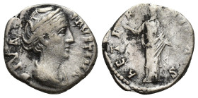 Diva Faustina Senior AR Denarius. (17mm, 3.2 g) Rome, AD DIVA FAVSTINA, draped bust right / AETERNITAS, Aeternitas standing head left, holding phoenix...