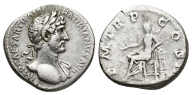 Hadrian AR Denarius. (17mm, 3.4 g) Rome, AD 119-120. IMP CAESAR TRAIAN HADRIANVS AVG, laureate bust to right, slight drapery on far shoulder / P M TR ...