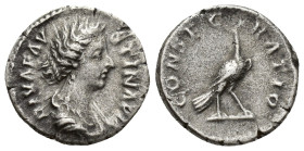 Diva Faustina Jr., Issue by Maurcus Aurelius, 175 - 176 AD Silver Denarius, Rome Mint, (17mm, 3.2 g) Obverse: DIVA FAVSTINA, Draped bust of Faustina r...