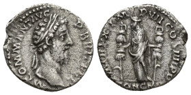 Commodus AR Denarius. (17mm, 2.9 g) Rome, AD 185. M COMM ANT P FEL AVG BRIT, laureate head right / P M TR P XI IMP VII COS III P P, Concordia standing...