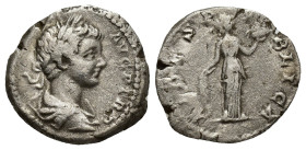 Caracalla (198-217), Denarius, Rome, AD 198 AR (16mm, 3.8 g) IMP CAE M AVR AN - T AVG P TR P, laureate and draped bust r., Rv. FIDES PV - BLICA, Fides...