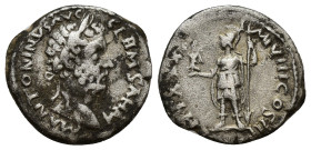 Marcus Aurelius AR Denarius. (17.3mm, 3.6 g) Rome, AD 175-176. M ANTONINVS AVG GERM SARM, laureate head right / TR P XXX IMP VIII COS III, Roma standi...