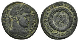 Constantine I Æ Nummus. (17mm, 2.8 g) Siscia, AD 321-324. CONSTANTINVS AVG, laureate head right / D N CONSTANTINI MAX AVG, VOT XX within wreath; ASIS ...