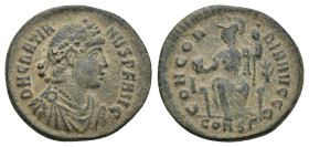 GRATIAN (367-383). Follis. (18mm, 2.4 g) Constantinople. Obv: DN GRATIANVS PF AVG. Diademed, draped and cuirassed bust right. Rev: CONCORDIA AVGGG / C...