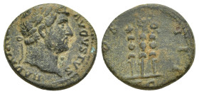 Hadrian. A.D. 117-138. AE quadrans (16mm, 3.7 g). Rome mint. HADRIANVS AVGVSTVS, laureate head right / COS III, three standards; S-C below.