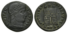 Constantine I Æ Nummus. (18mm, 3.5 g) Thessalonica, AD 326-328. CONSTANTINVS AVG, laureate head right / PROVIDENTIAE AVGG, camp gate, two turrets, no ...