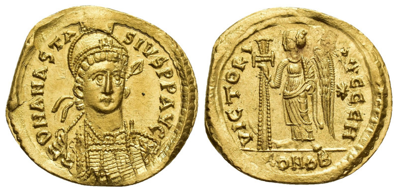 Anastasius I. 491-518. AV Solidus (21.5mm, 4.7 g). Constantinople mint, 8th offi...