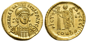 ANASTASIUS I, 491-518 Mint of Constantinopolis Solidus (19.6mm, 4.5 g) 507-518. Officina I. Obv. D N ANASTA - SIVS P P AVG Helmeted, cuirassed bust fa...