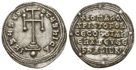 CONSTANTINE VII PORPHYROGENITUS with ROMANUS I and CHRISTOPHER (913-959). Miliaresion. (25mm, 2.8 g) Constantinople. Obv: IҺSЧS XRISTЧS ҺICA. Cross cr...