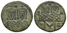 LEO IV THE KHAZAR, with CONSTANTINE VI (775-780 AD). AE, Follis. (23mm, 5.7 g) Constantinople. Obv: Crowned and draped half-lenght busts of Leo IV and...