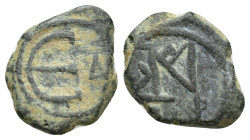JUSTIN II (565-578). Pentanummium. (13mm, 2.3 g) Kyzikos. Obv: Large E; A to right. Rev: Monogram.