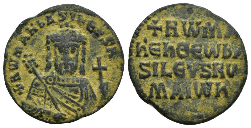 Romanus I Æ Nummus. (24mm, 5.3 g) AD 920-944. +RѠmAn' bASILЄVS RѠm', facing bust...
