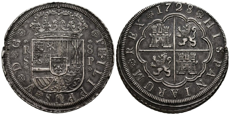 FELIPE V (1700-1746). 8 Reales. (Ar. 26,61g/42mm). 1728. Sevilla P. (Cal-2019-16...