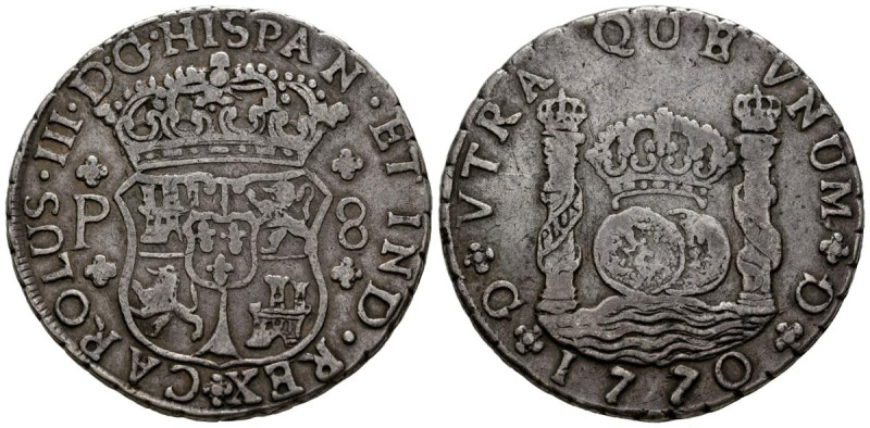 CARLOS III (1759-1788). 8 Reales. (Ar. 26,62g/38mm). 1770. Guatemala P. (Cal-201...