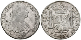 CARLOS IV (1788-1808). 8 Reales. (Ar. 26,86g/40mm). 1801. México FT. (Cal-2019-972). MBC. Hoja en reverso.
