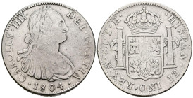 CARLOS IV (1788-1808). 8 Reales. (Ar. 26,53g/39mm). 1804. México TH. (Cal-2019-980). MBC-.
