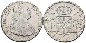 CARLOS IV (1788-1808). 8 Reales. (Ar. 26,92g/40mm). 1808. Potosí PJ. (Cal-2019-1014). EBC-. Restos de brillo original. Bonito ejemplar.