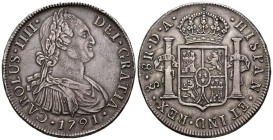 CARLOS IV (1788-1808). 8 Reales. (Ar. 26,97g/39mm). 1791. Santiago DA. (Cal-2019-1019). Primer año de busto propio. MBC+. Pátina oscura. Raro ejemplar...