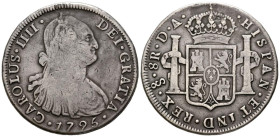 CARLOS IV (1788-1808). 8 Reales. (Ar. 26,49g/41mm). 1795. Santiago DA. (Cal-2019-1024). MBC-. Raro ejemplar.