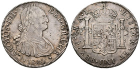 CARLOS IV (1788-1808). 8 Reales. (Ar. 27,07g/40mm). 1800. Santiago AJ. (Cal-2019-1032). MBC+/MBC. Raro ejemplar.