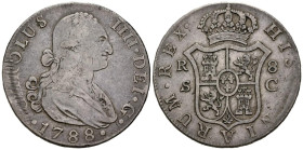 CARLOS IV (1788-1808). 8 Reales. (Ar. 26,66g/39mm). 1788. Sevilla C. (Cal-2019-1050). MBC-.
