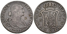 CARLOS IV (1788-1808). 8 Reales. (Ar. 26,50g/39mm). 1791. Sevilla C. (Cal-2019-1053). MBC. Raro ejemplar.