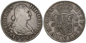 CARLOS IV (1788-1808). 8 Reales. (Ar. 26,75g/41mm). 1792. Sevilla C. (Cal-2019-1054). MBC-/MBC. Pátina. Escaso ejemplar.