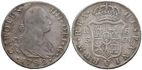 CARLOS IV (1788-1808). 8 Reales. (Ar. 26,77g/40mm). 1792. Sevilla CN. (Cal-2019-1055). MBC/MBC+.