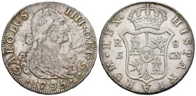CARLOS IV (1788-1808). 8 Reales. (Ar. 26,65g/40mm). 1795. Sevilla CN. (Cal-2019-1057). MBC/MBC+.